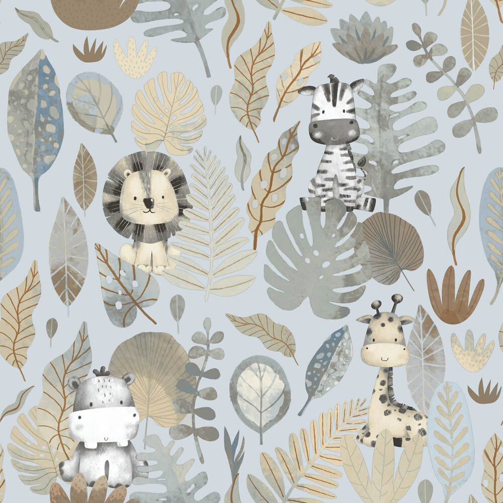 non-woven wallpaper jungle animals nature light blue 014836 