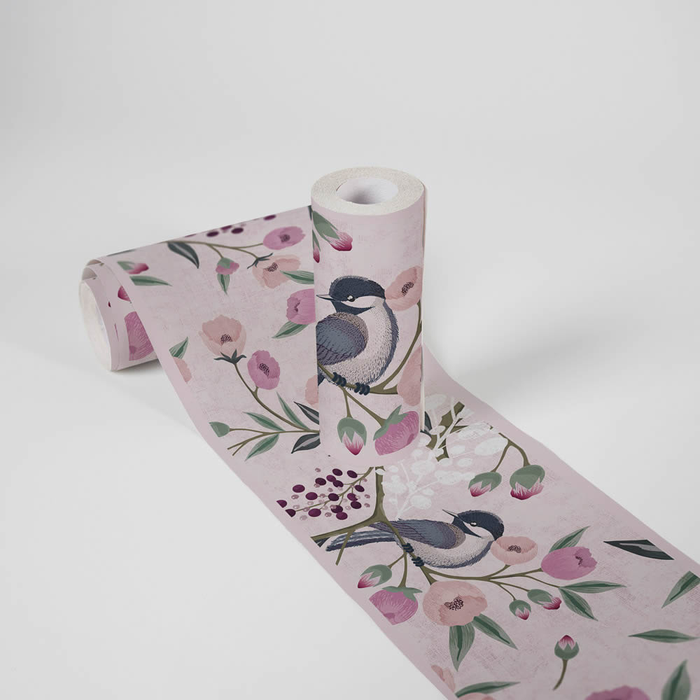 Bordüre Kirschblüten Vögel Blumen Vlies glatt zart rosa 771371-8-771371
