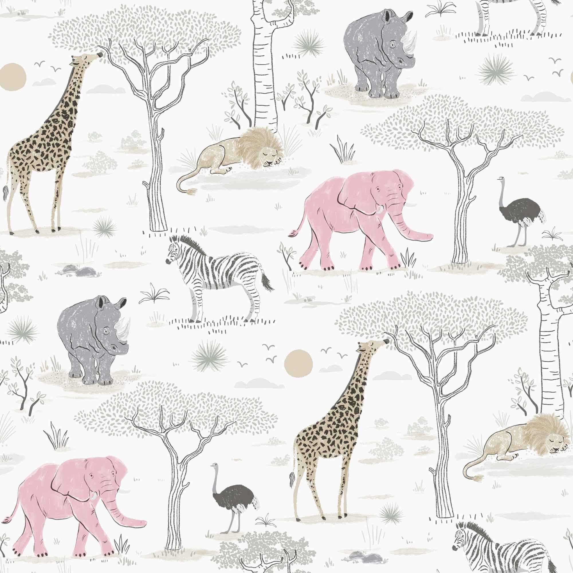Tapete Safaritiere Elefant Giraffe afrikanisch Vlies weiß G78589