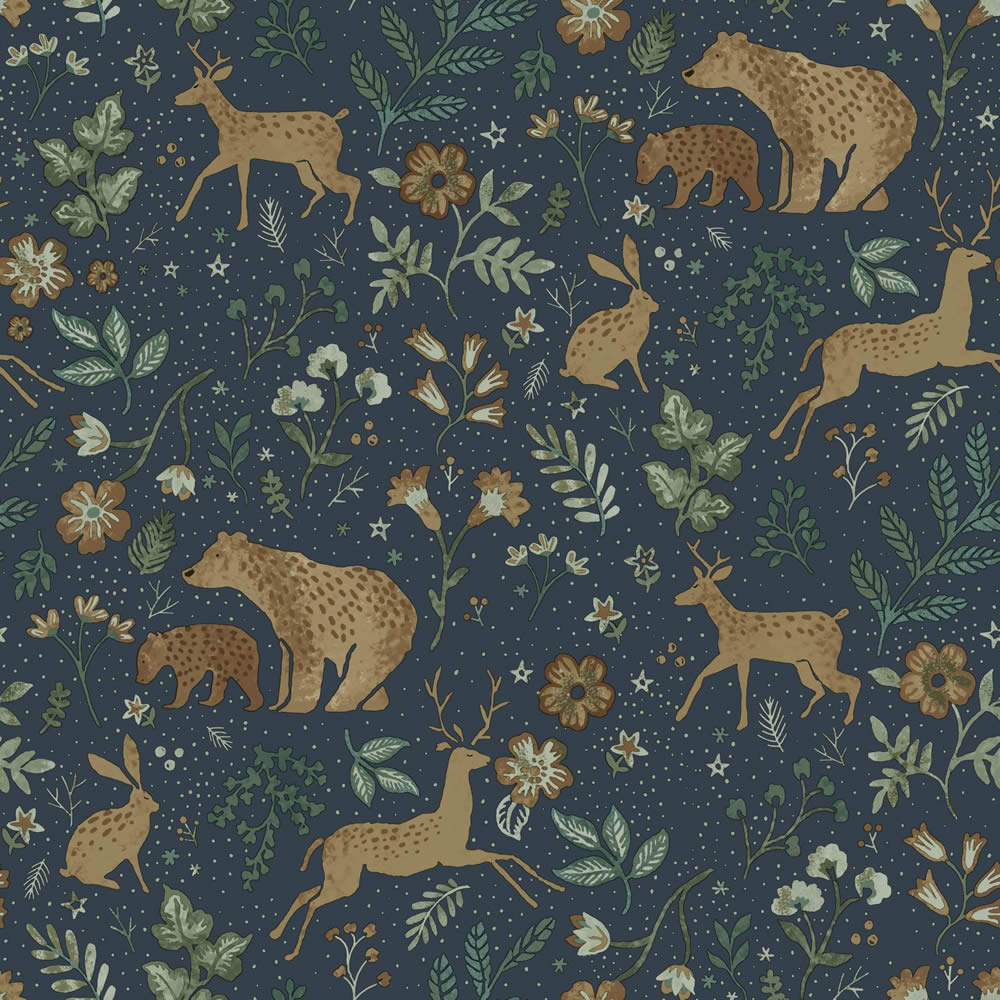 Tapete Waltiere Rehe Bären Hasen Blumen Vlies blau 139588