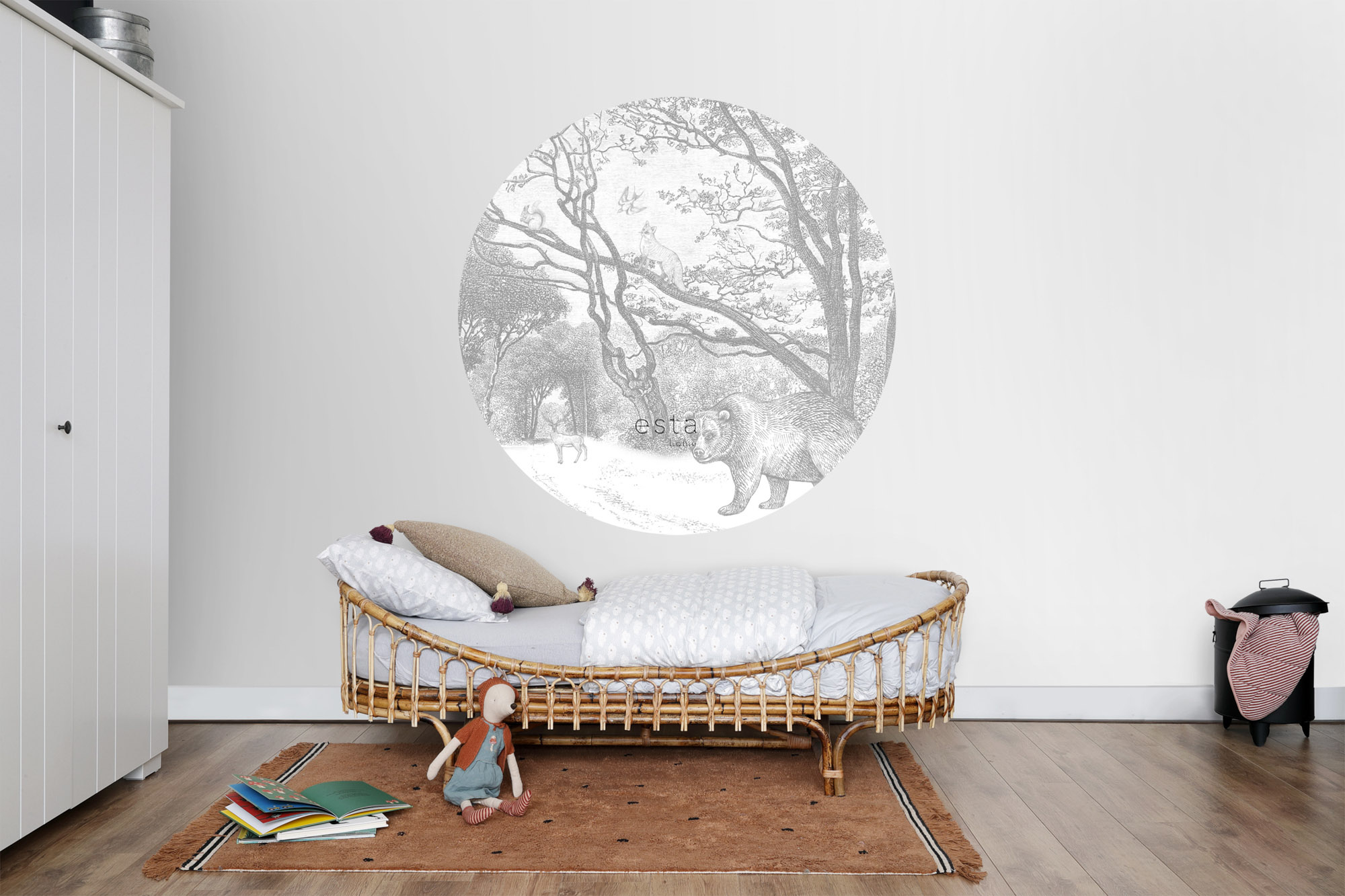 Wandbild Wald Tiere rund grau 140 cm Vlies 159083