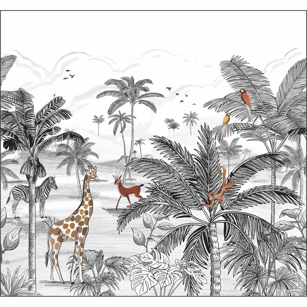 Mural M motif wallpaper safari animals palm trees monkeys birds black white Les Minis Mondes Caselio MNM105789008