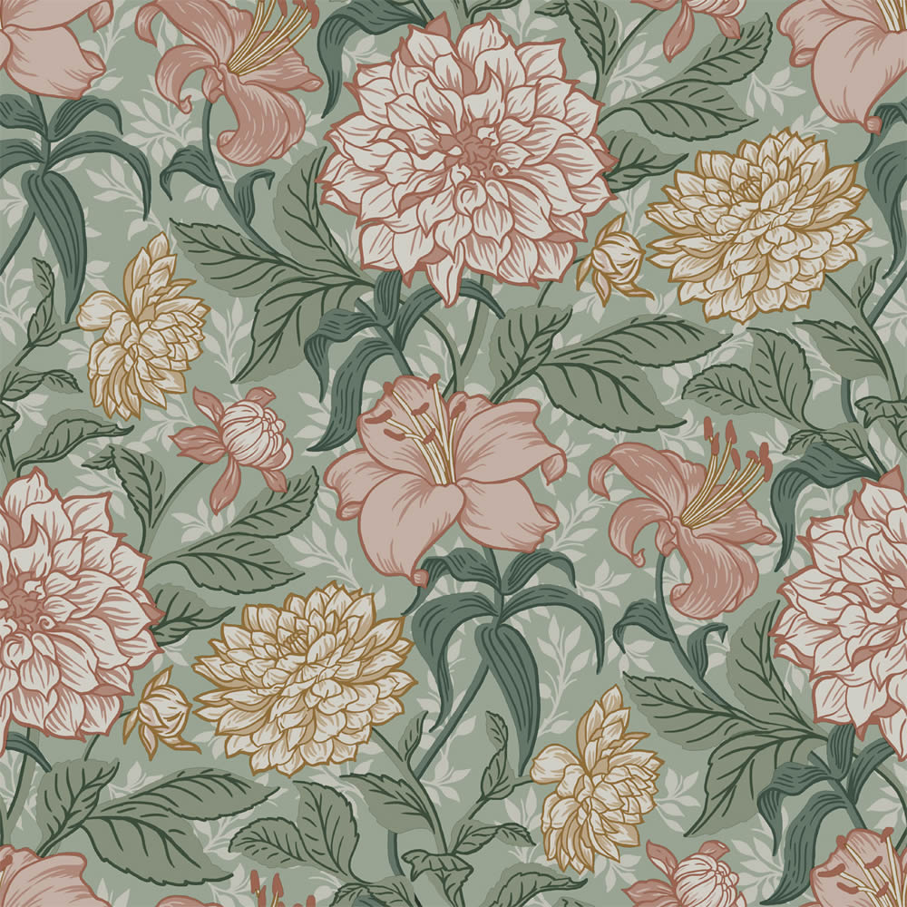 Vintage Blumentapete große rosa Blüten grün Vlies 139378