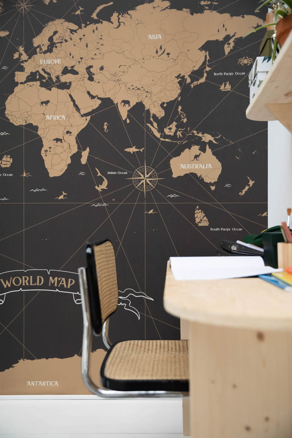 World map mural black and cream Caselio - Young and free Texdecor YNF103419201-36-YNF103419201
