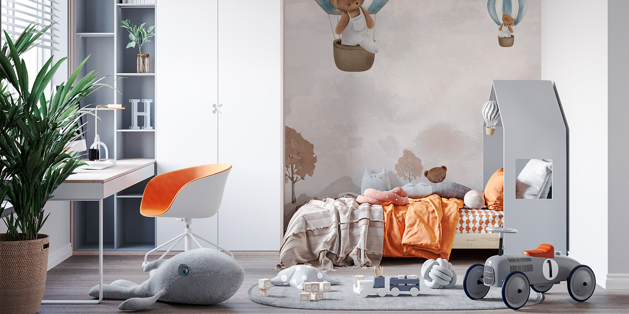 Wandbilder für Kinder mit Bärrchen in Heißluftballons, passend zu modernen Kinderzimmer Möbeln.