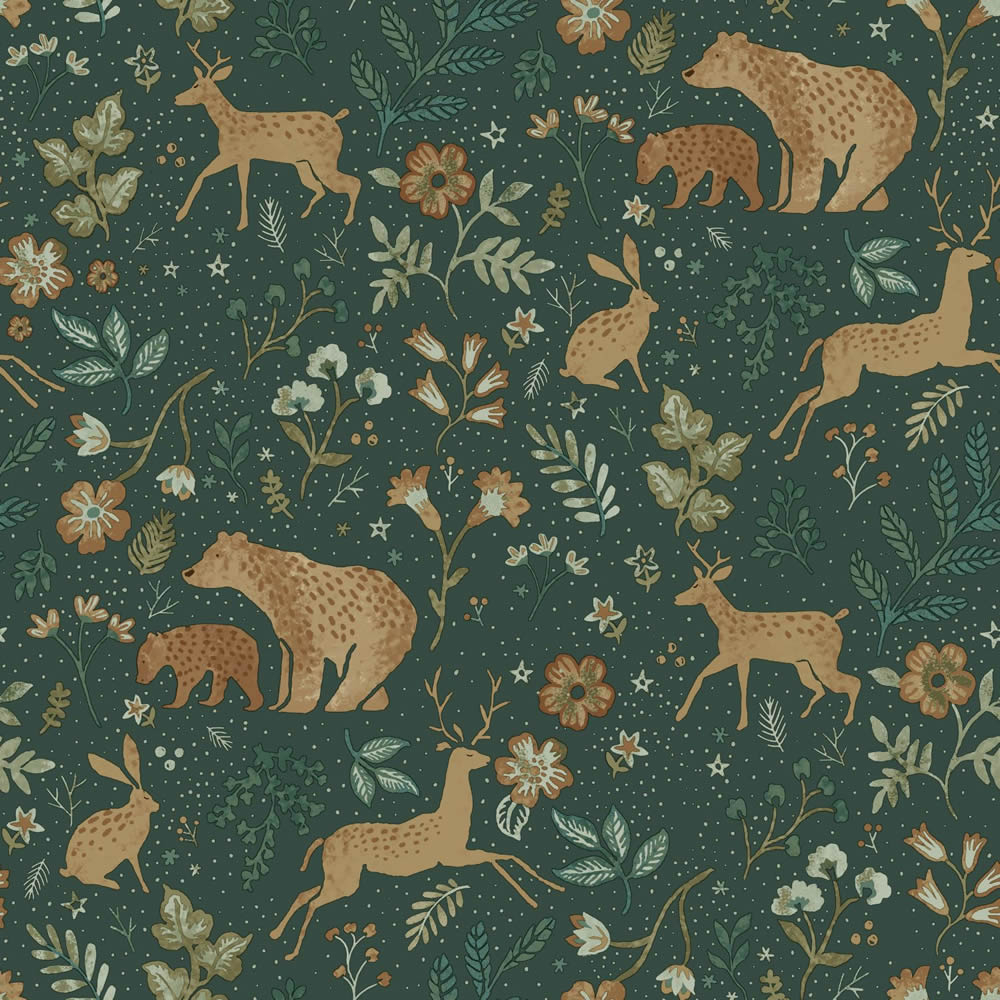 Tier Tapete Wald Bären Rehe grün 139587