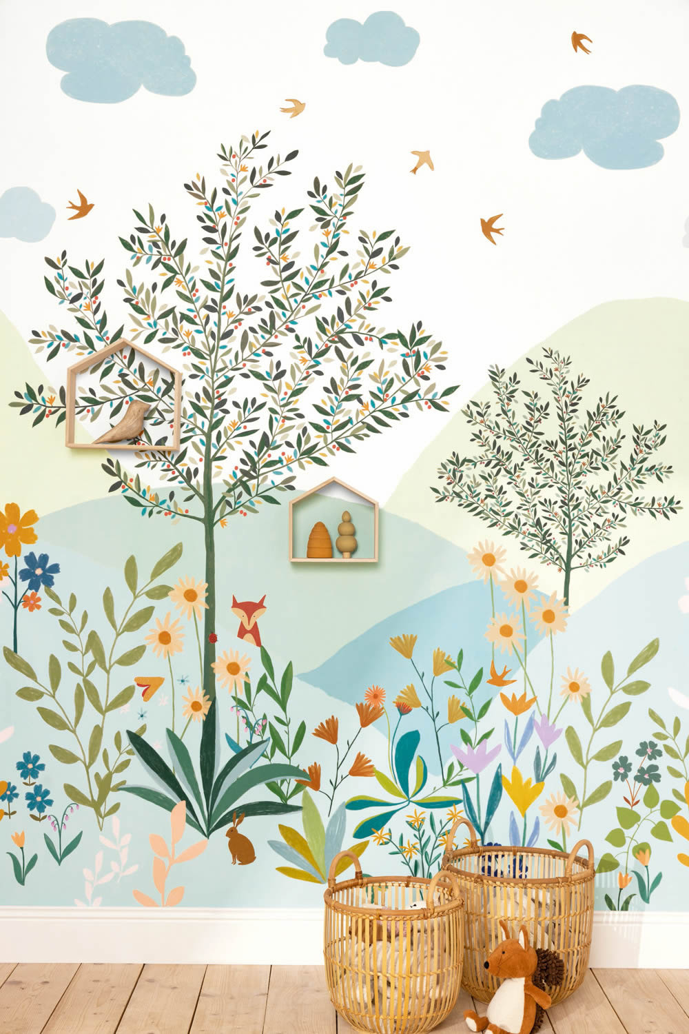 Wandbild 2,00 x 3,10 m Blumenwiese Berge Bäume Blumenwiese pastellfarben LGG104460743
