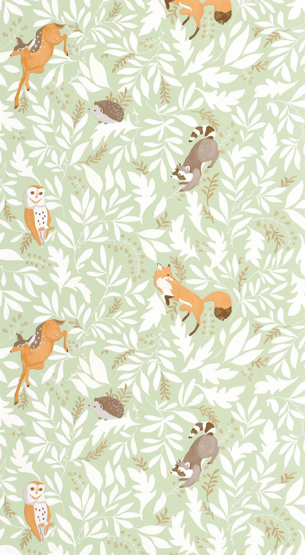 Forest animals non-woven wallpaper fox bear and owl light green Les Minis Mondes Caselio MNM105747000