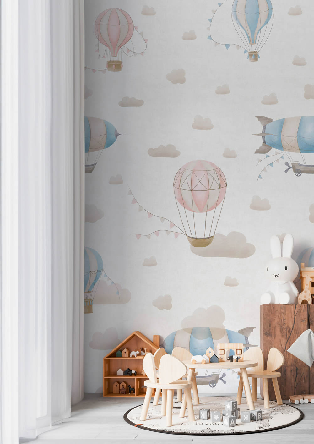 Wandbild Heißluftballon Zeppelin Wolken rosa beige blau 770611-8-770611