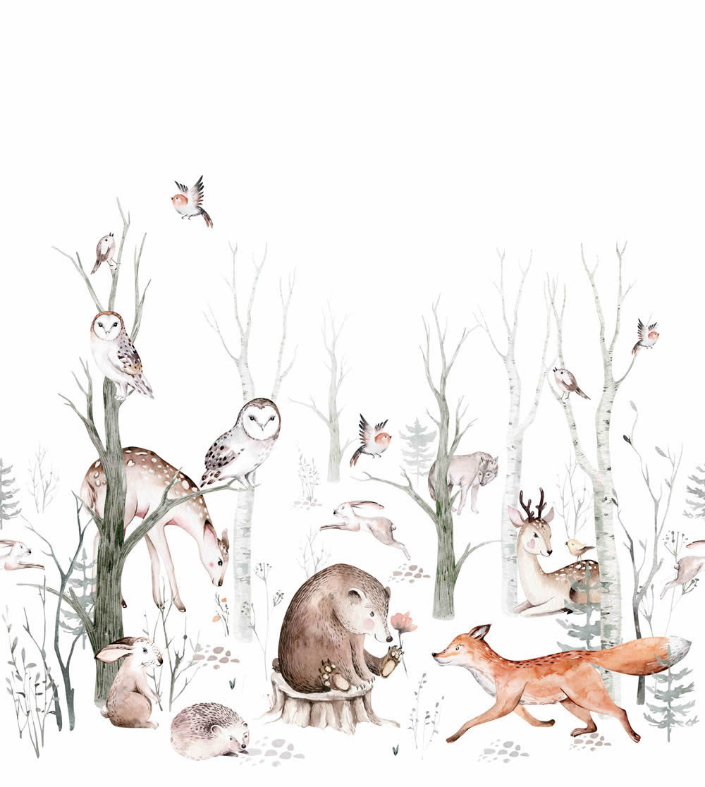 Wandbild 250 x 279 cm Waldtiere Bäume 5 Bahnen weiß 159240