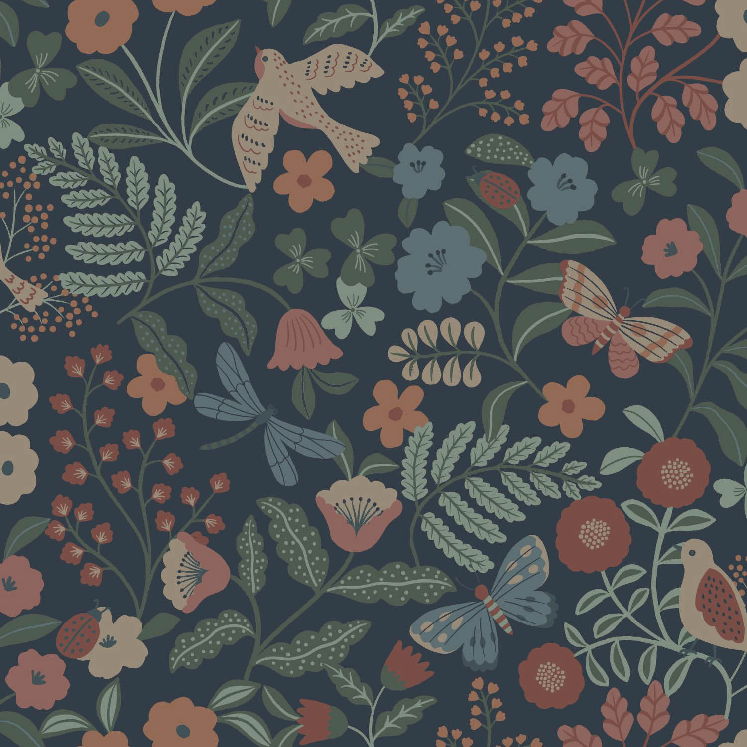 Zauberhafte Blumen Boho Vliestapete Schwalben dunkelblau