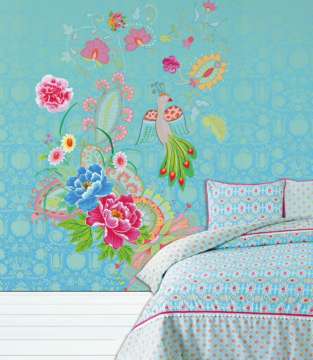 Wandbild Muster Blumen Vogel Blau-65-TD4010