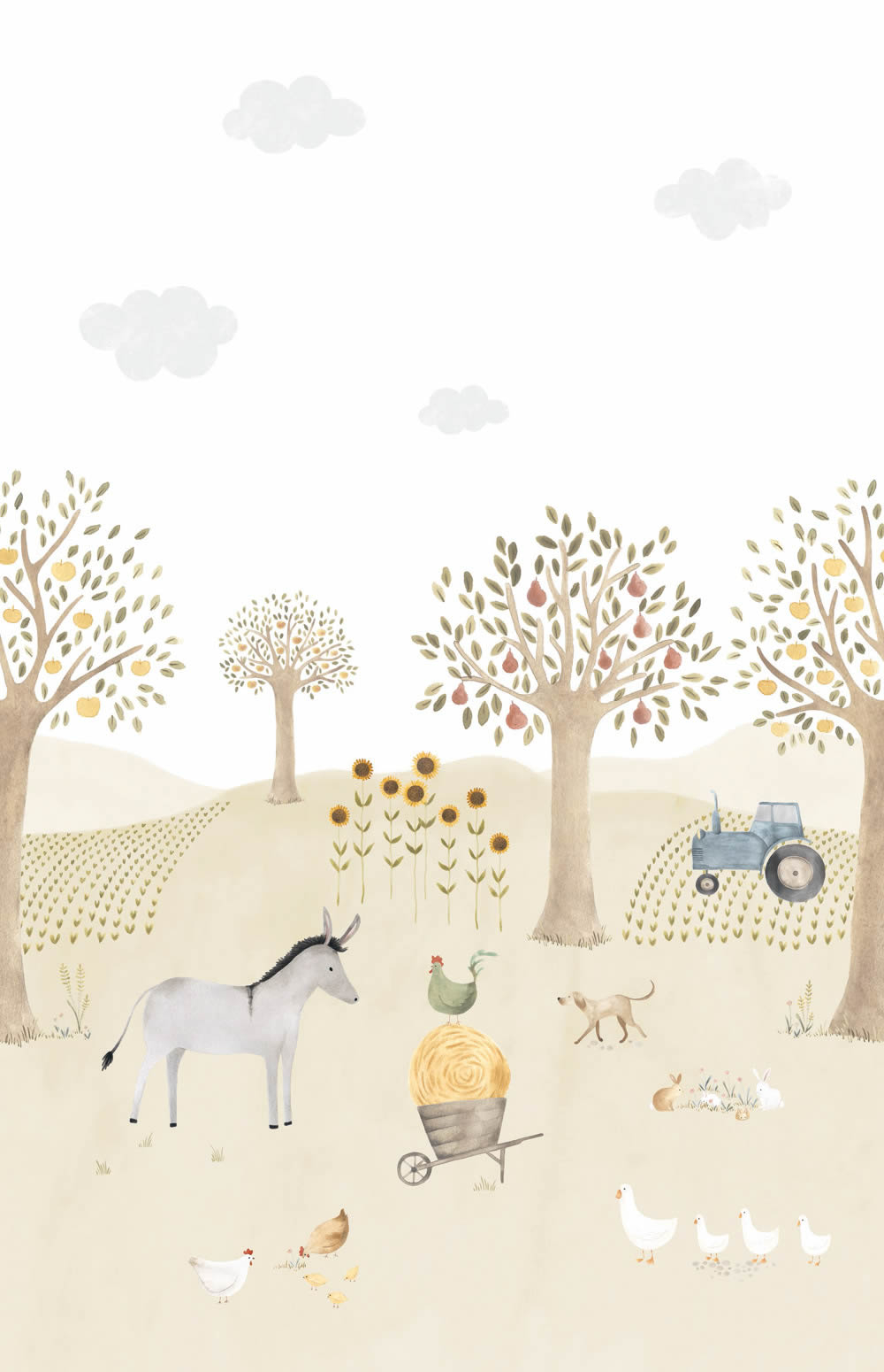 Wandbild 2,00 x 3,10 m Obstwiese Traktor Esel Huhn Bauernhof pastellfarben