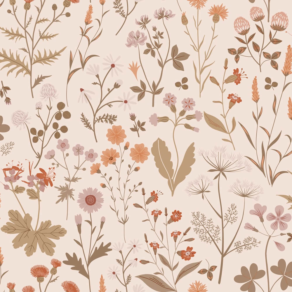 Non-woven wallpaper scandi flowers pink
