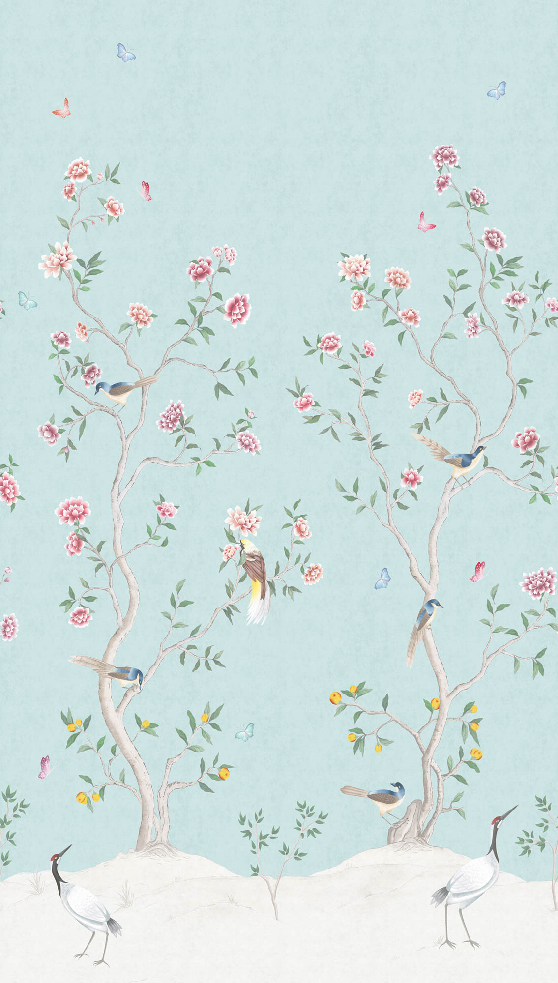 Wandbild Kirschbaum Vögel Blüten türkis Prägevlies