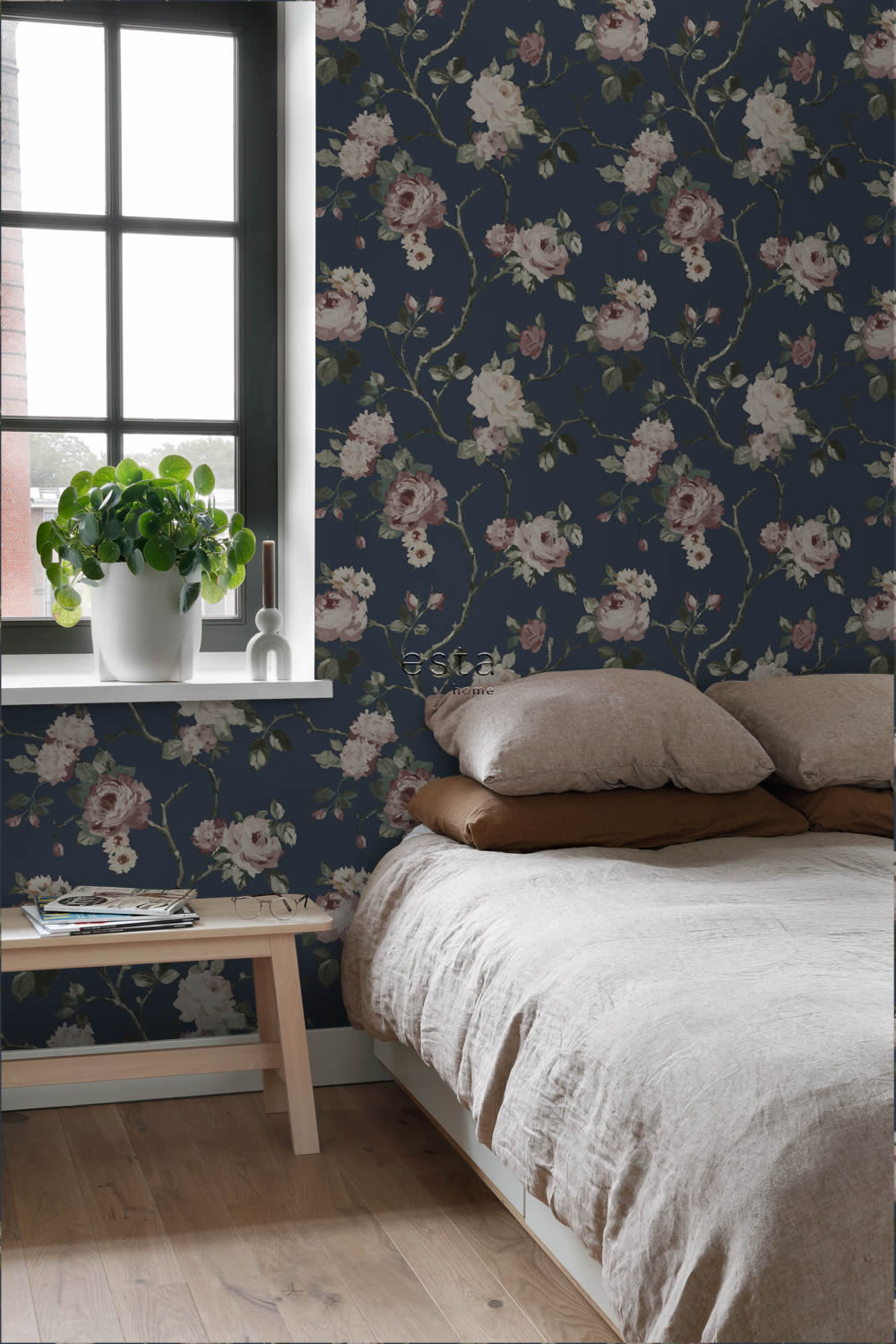 Tapete elegante Blumen Rosenblüten dunkelblau Vlies 139409