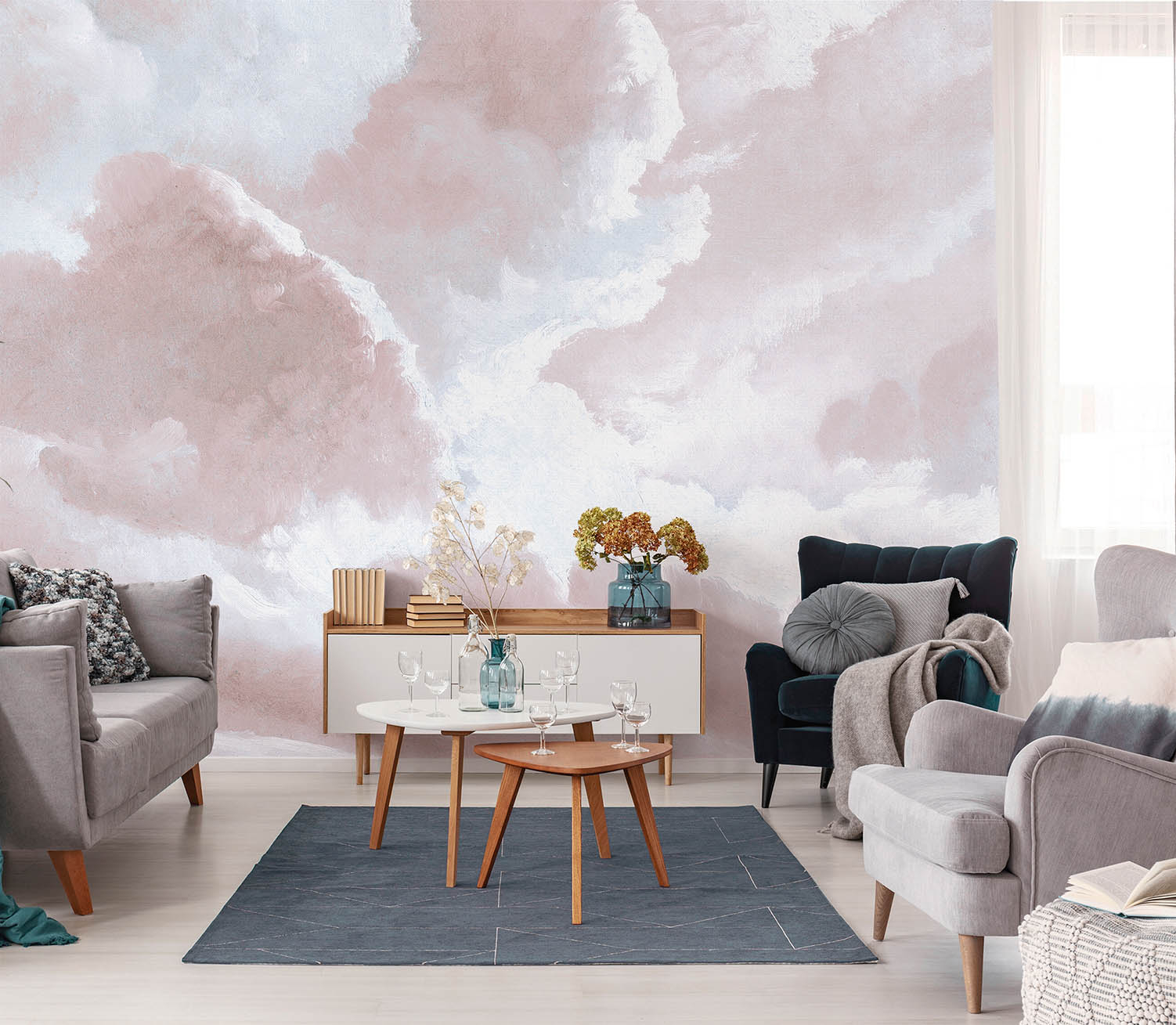 Wolkenhimmel Wandbild rosa weiß Prägevlies