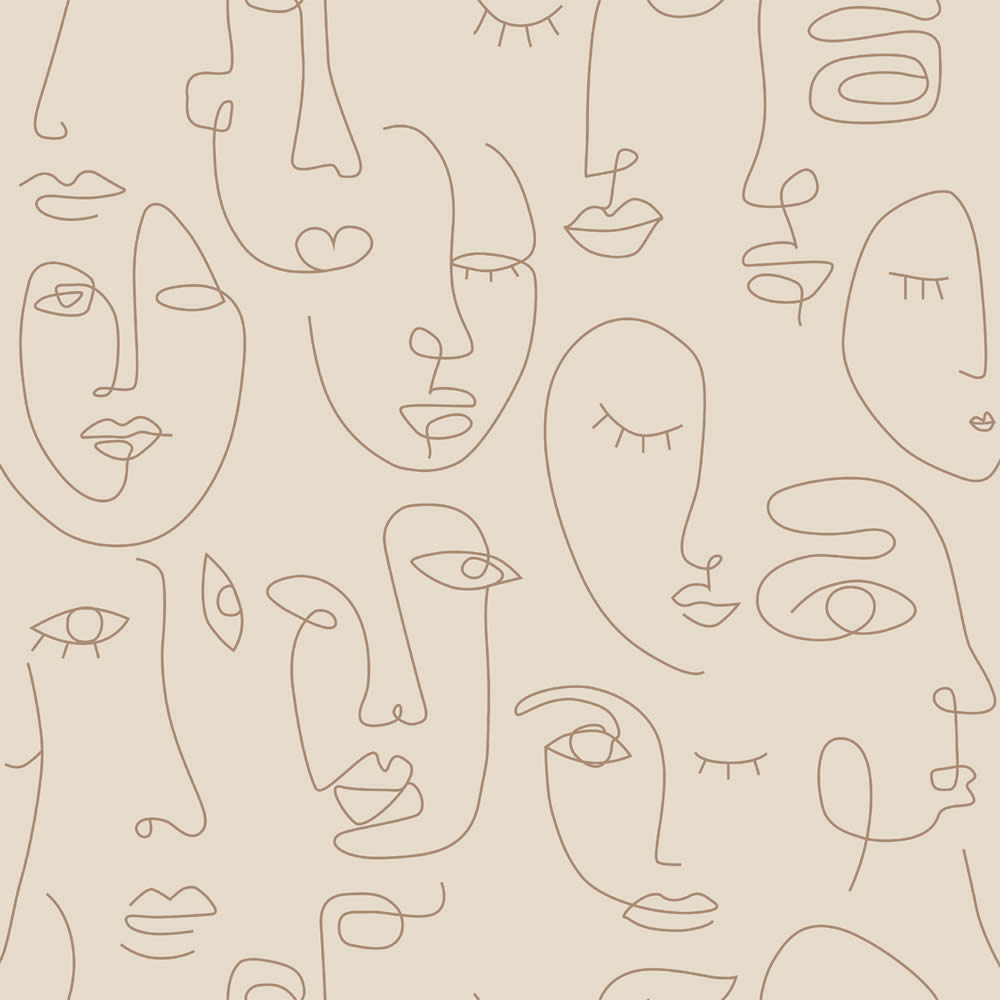 Non-woven wallpaper abstract faces line art beige 139374