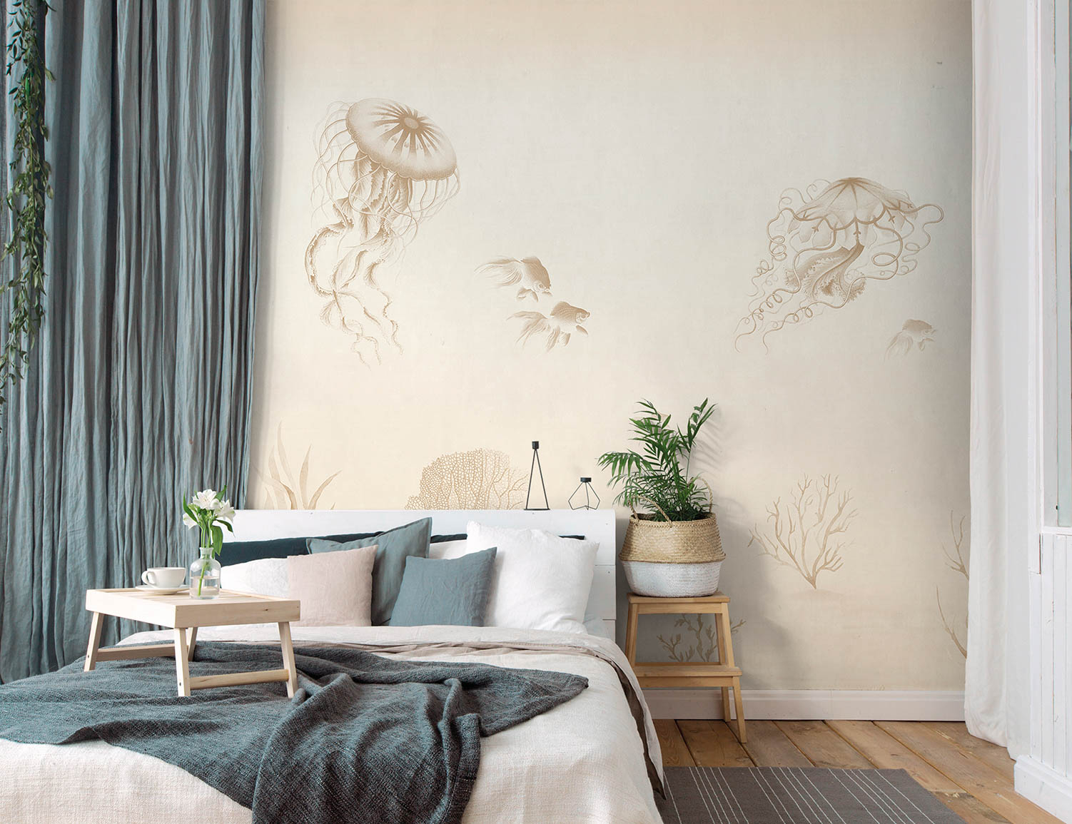 Wandbild Quallen Korallen Unterwasserwelt beige Prägevlies