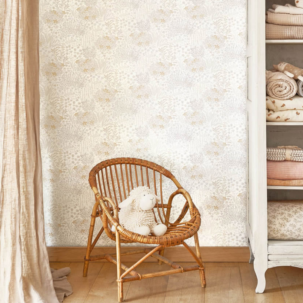 Vliestapete Blumen Wiese Japandi-Stil weiß grau OUAT88309102