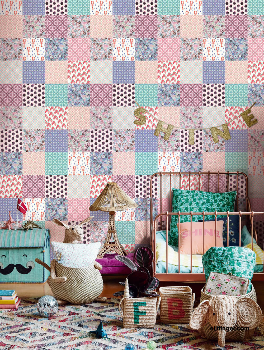 Patchwork mural girl purple blue-55-383618