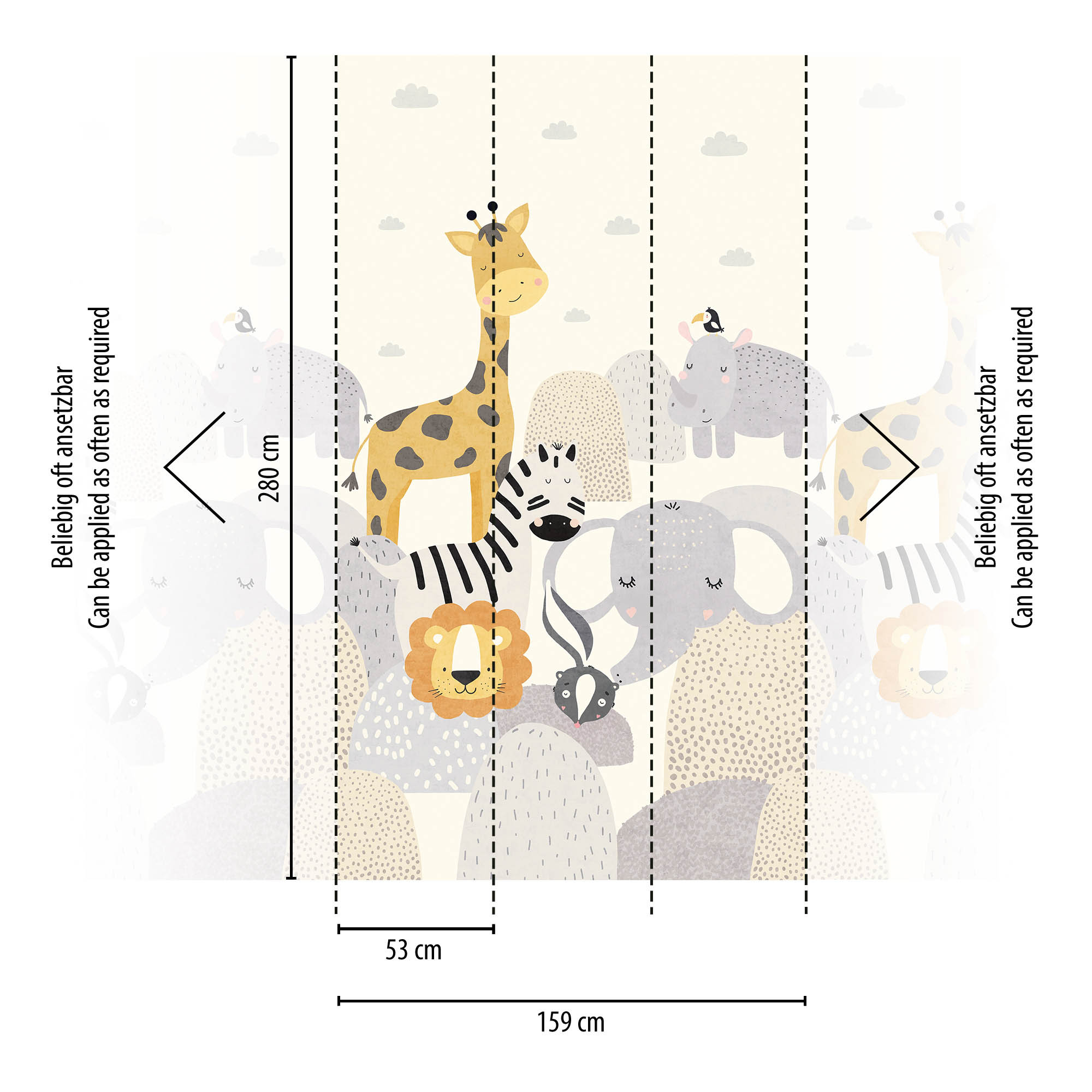 Wandbild Safaritiere Giraffe Löwe creme 159 x 280 cm 792893