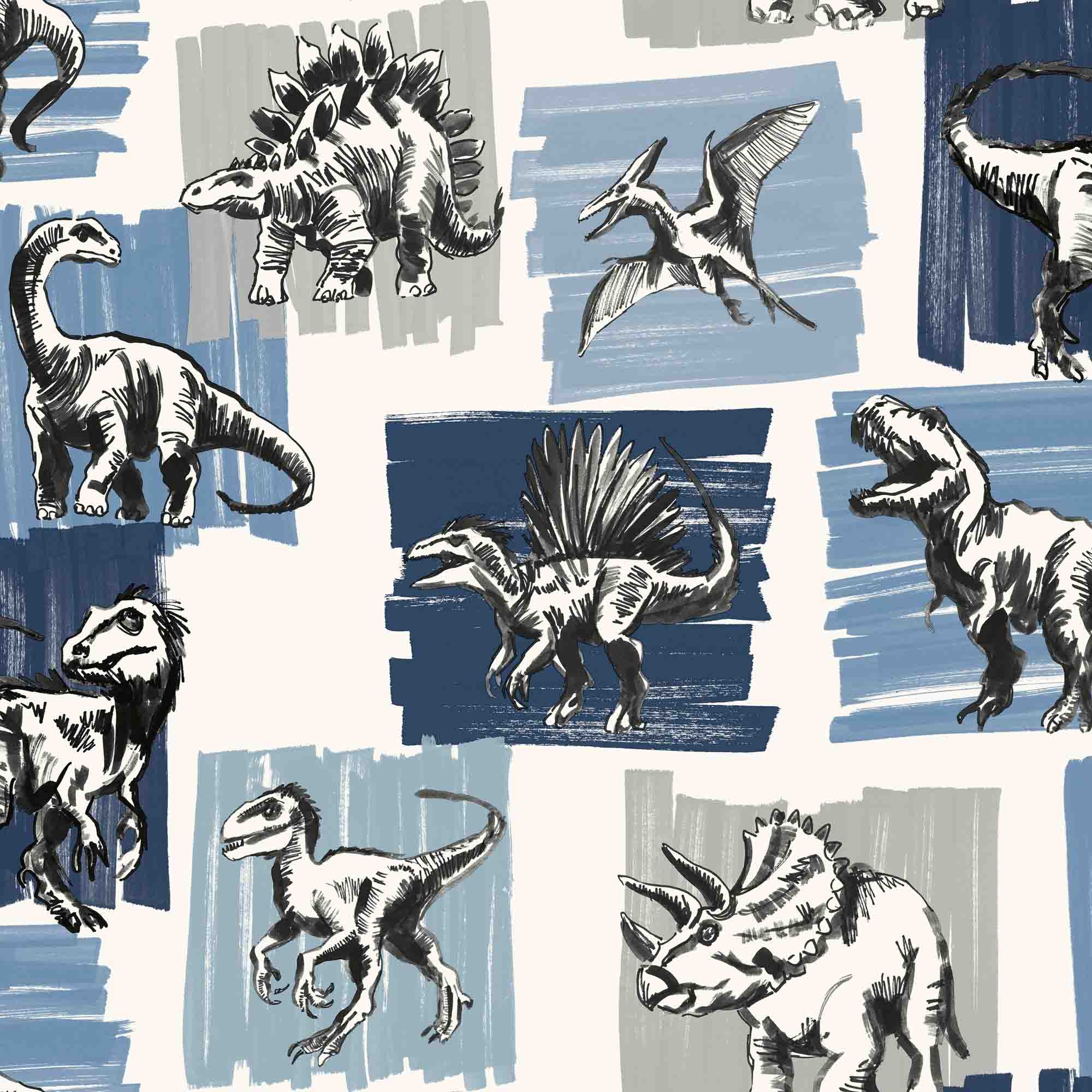 Dinotapete T-Rex Triceratops Zeichnung weiß Vlies G78559