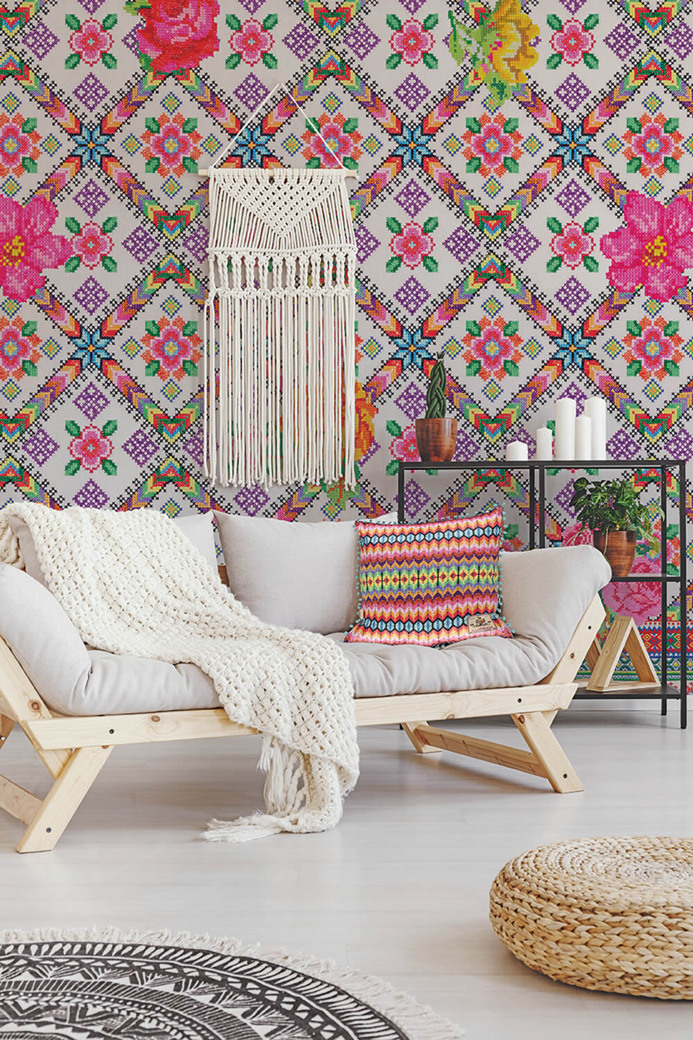 Wandbild Karos Blumen Bunt Häkeloptik-65-TD4005