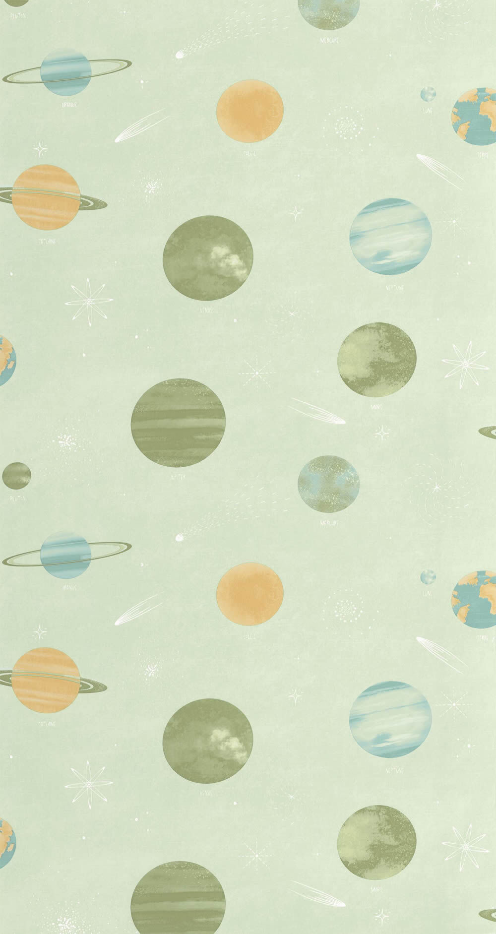 Moon trip glow in the dark non-woven wallpaper planets mint green Les Minis Mondes Caselio MNM105687000