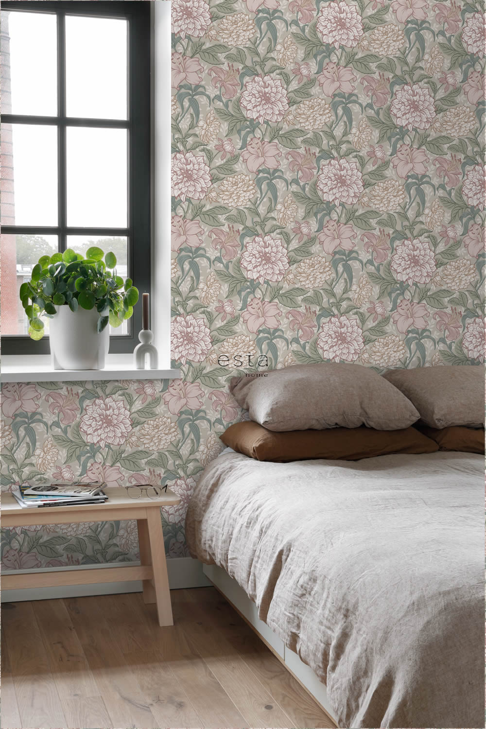 Tapete Blumen große Blütenköpfe Vintage rosa grün 139377