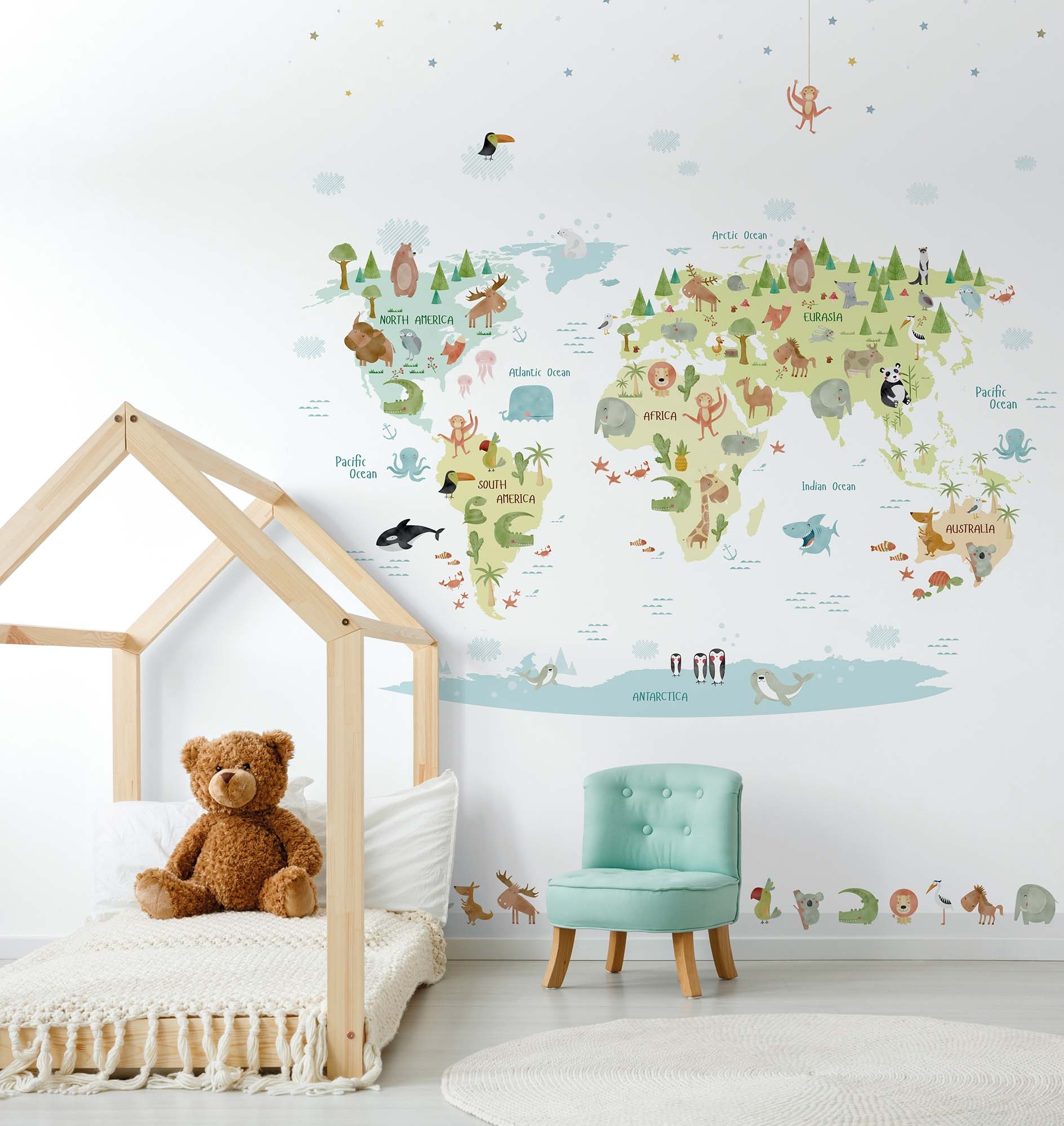 Wandbild Weltkarte bunte Tiere weiß Prägevlies