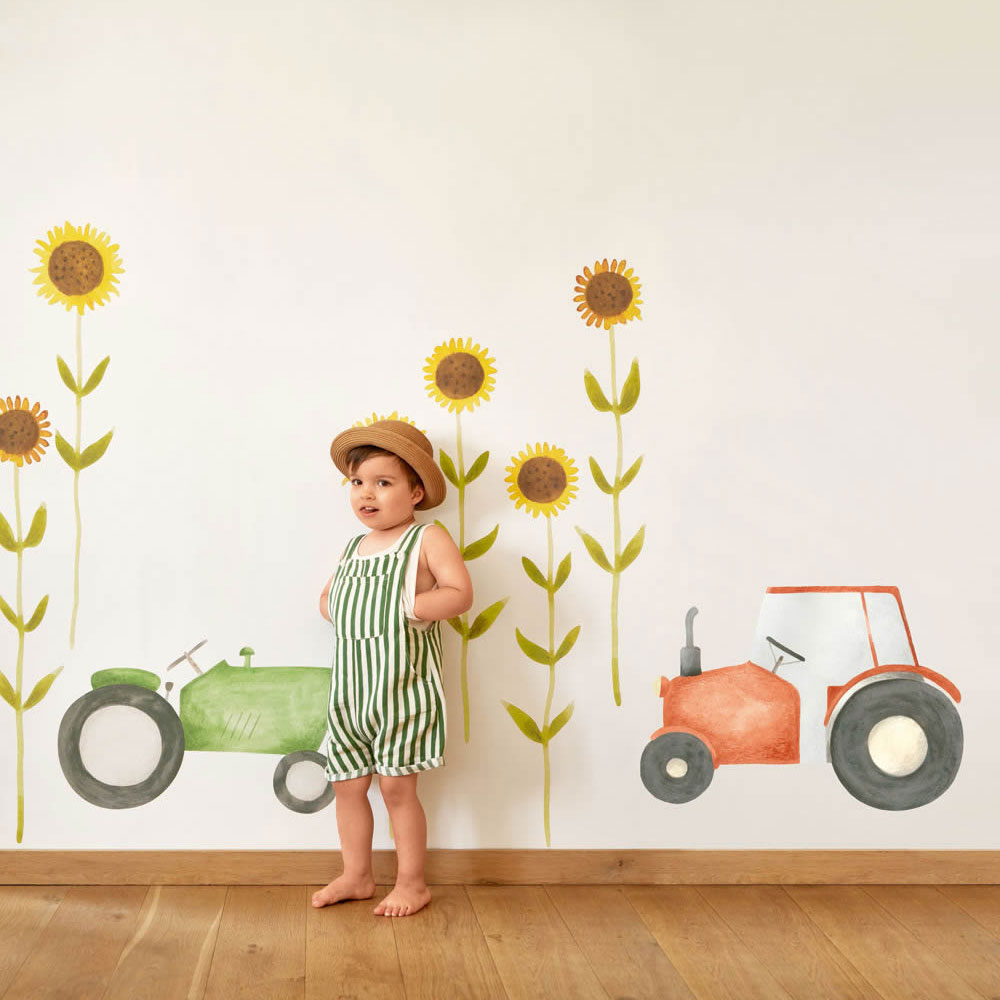Bauernhof Wandbild Kinderzimmer mit weißen Wänden, Traktor und Sonnenblumen