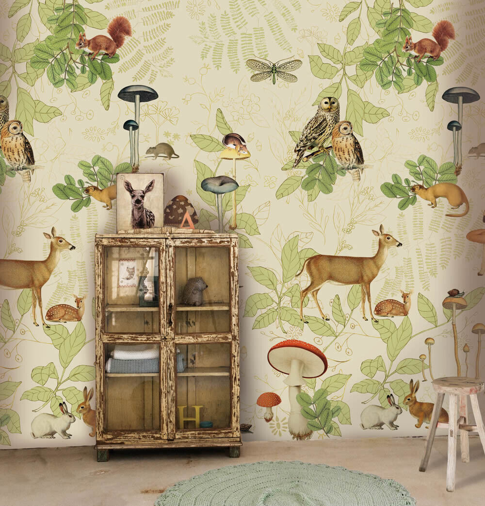 Wandbild Waldtiere Märchen Rehe Pilze Eulen Hasen cremebeige 557657-7-557657