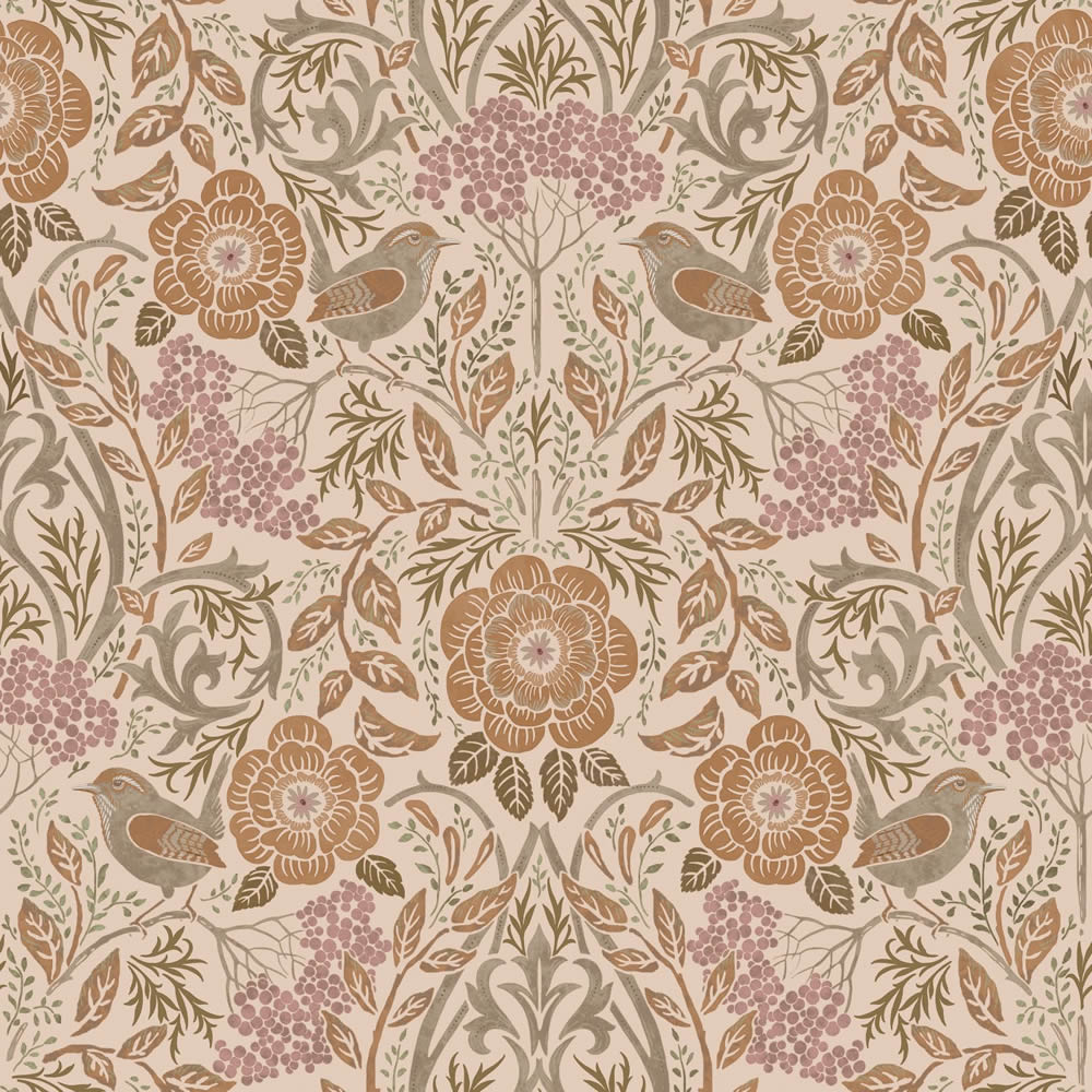 Non-woven wallpaper with floral pattern and leaves beige 139567