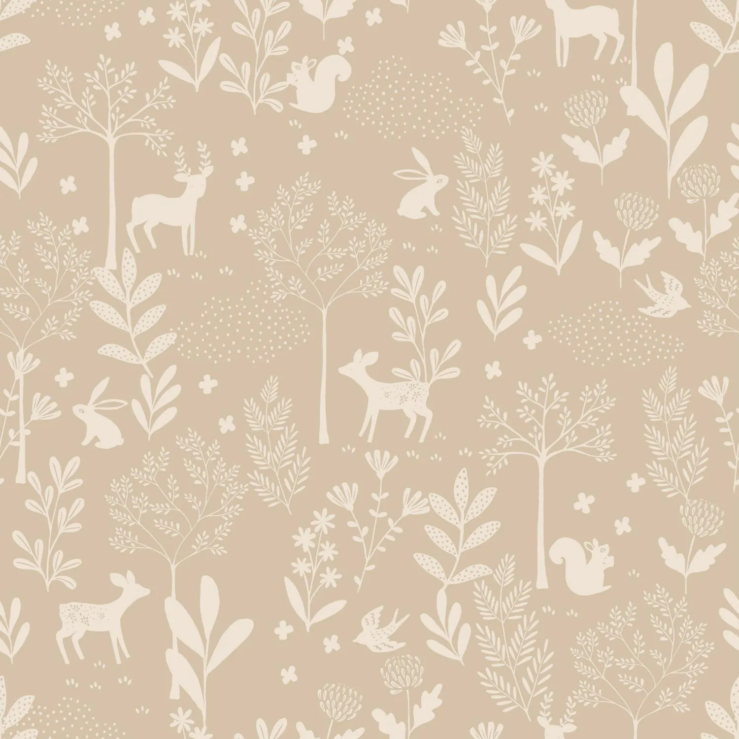 Skandinavische Wildblumen und Waldtiere Vliestapete beige