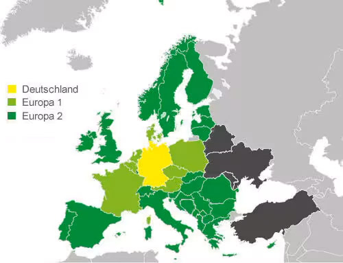 Übersichtskarte der europäischen Versandzonen.