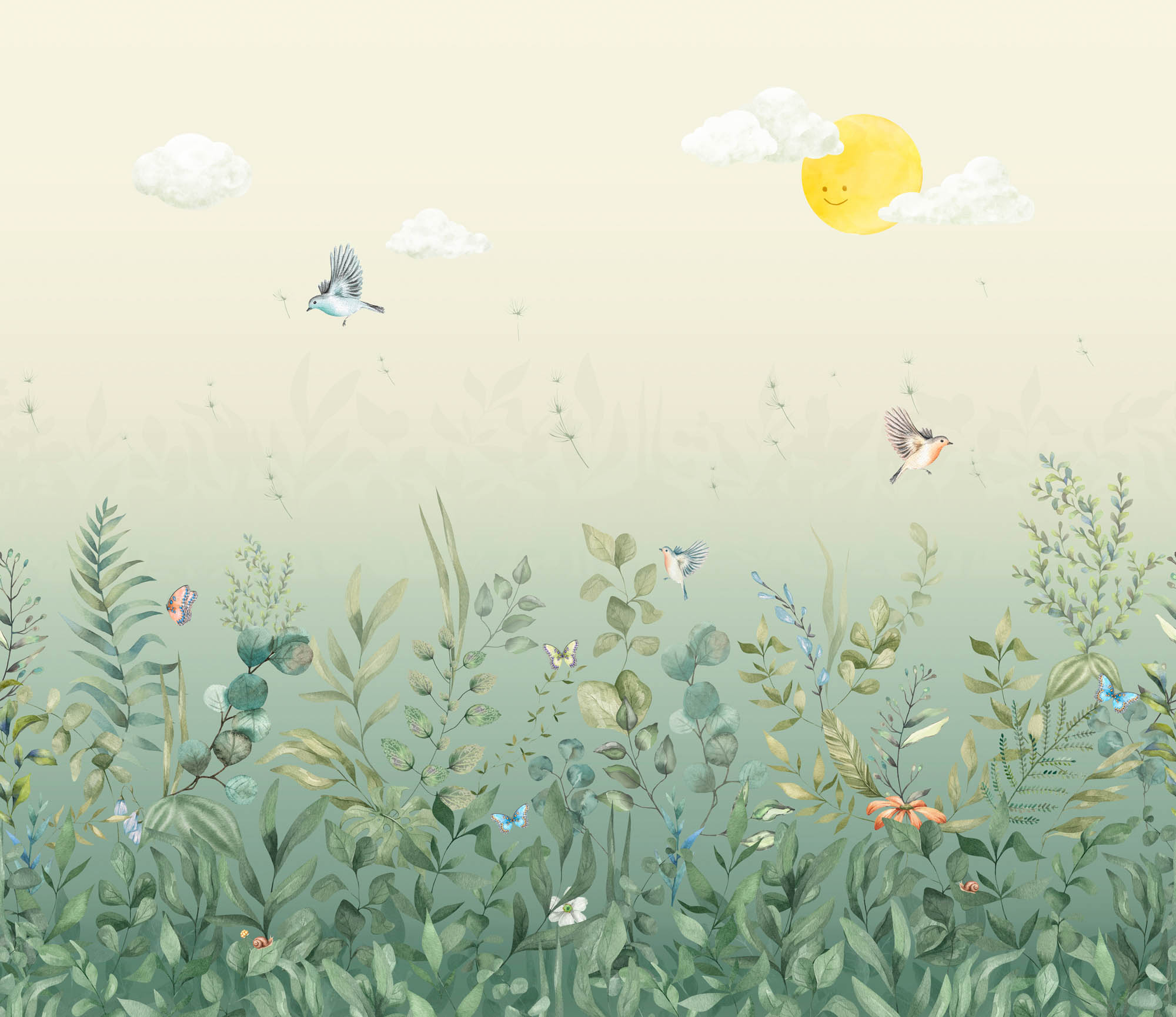 Wandbild Sommerwiese Sonne Vögel Natur beige grün