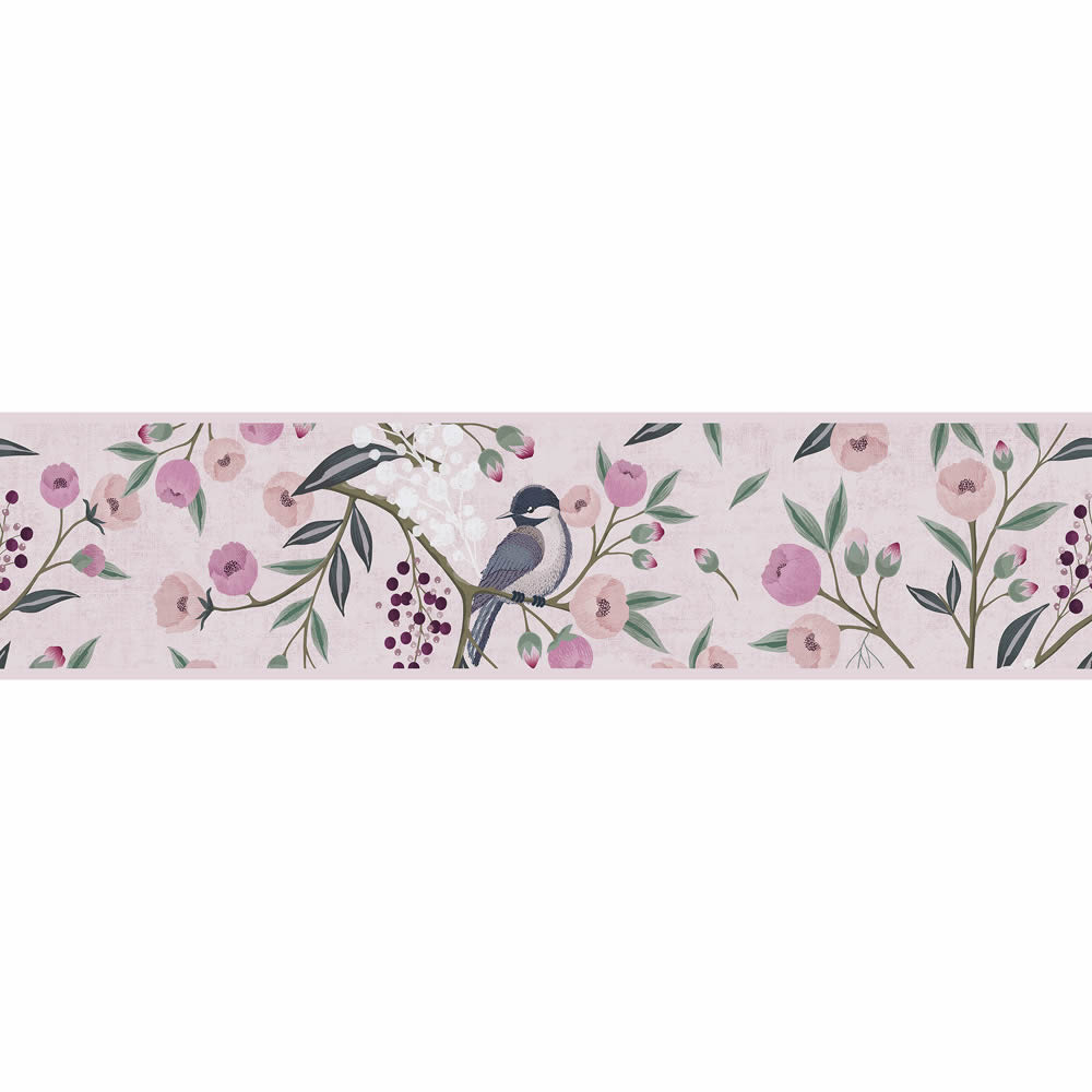 Bordüre Kirschblüten Vögel Blumen Vlies glatt zart rosa 771371-8-771371