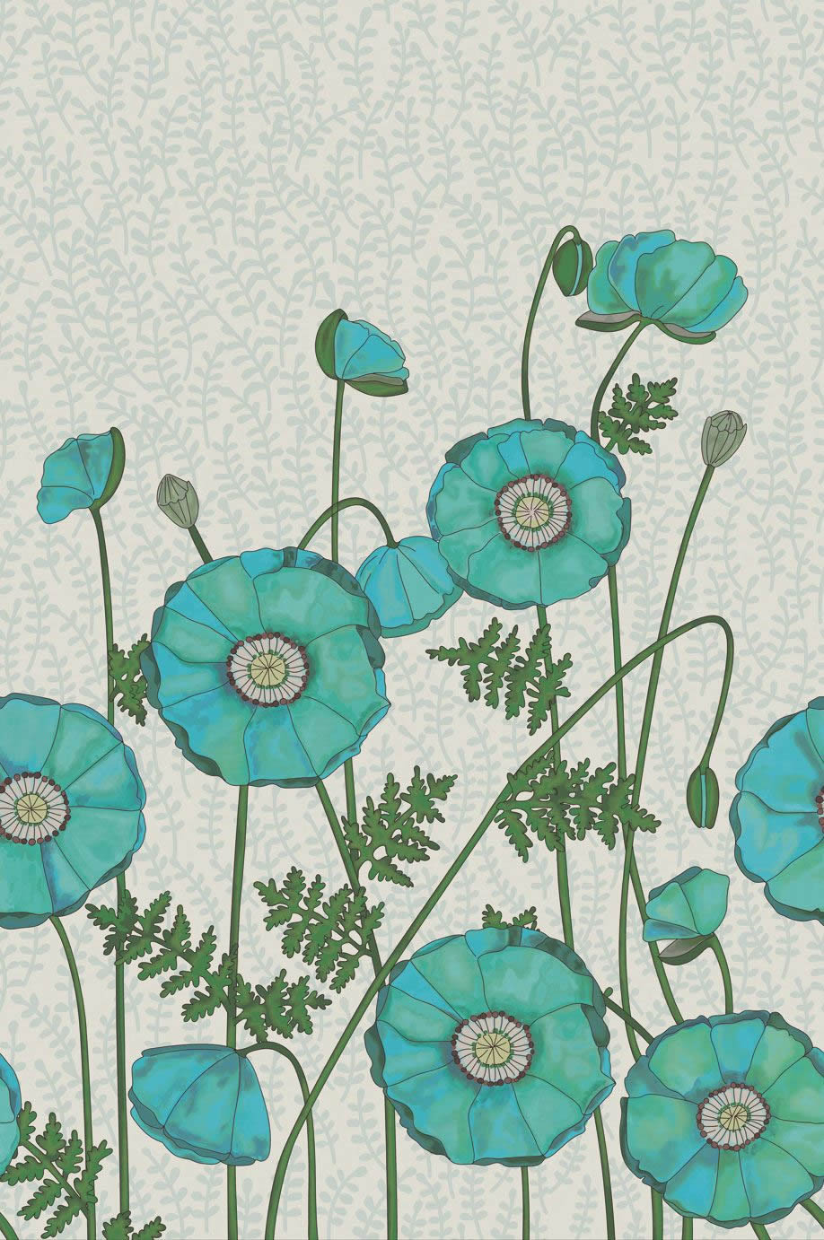 Mural non-woven Blue Green Poppies-55-383610