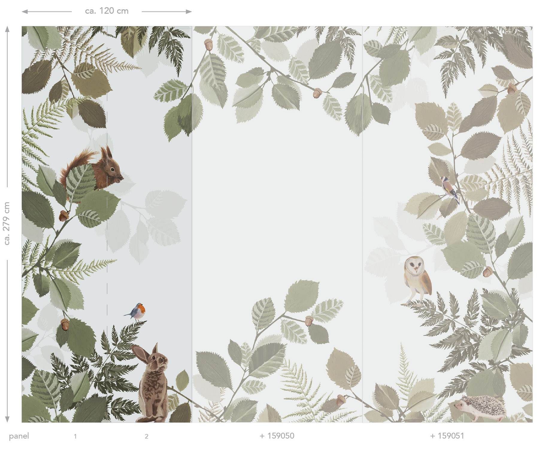 Wandbild Waldtiere Blätter grau grün 150 x 279 cm 159049