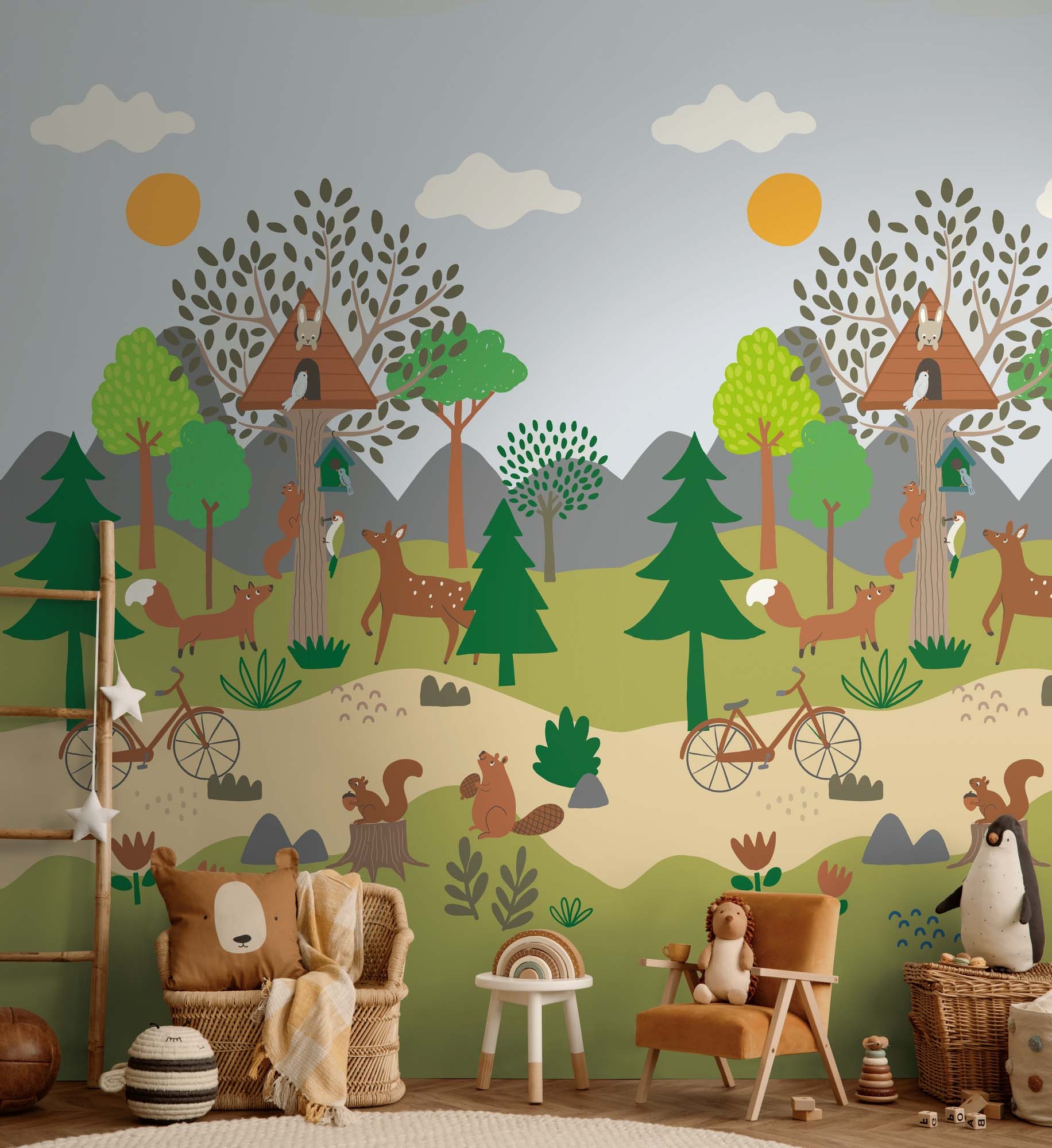 Wandbild Waldtiere Fuchs Reh Bäume grün 159 x 280 cm 792881