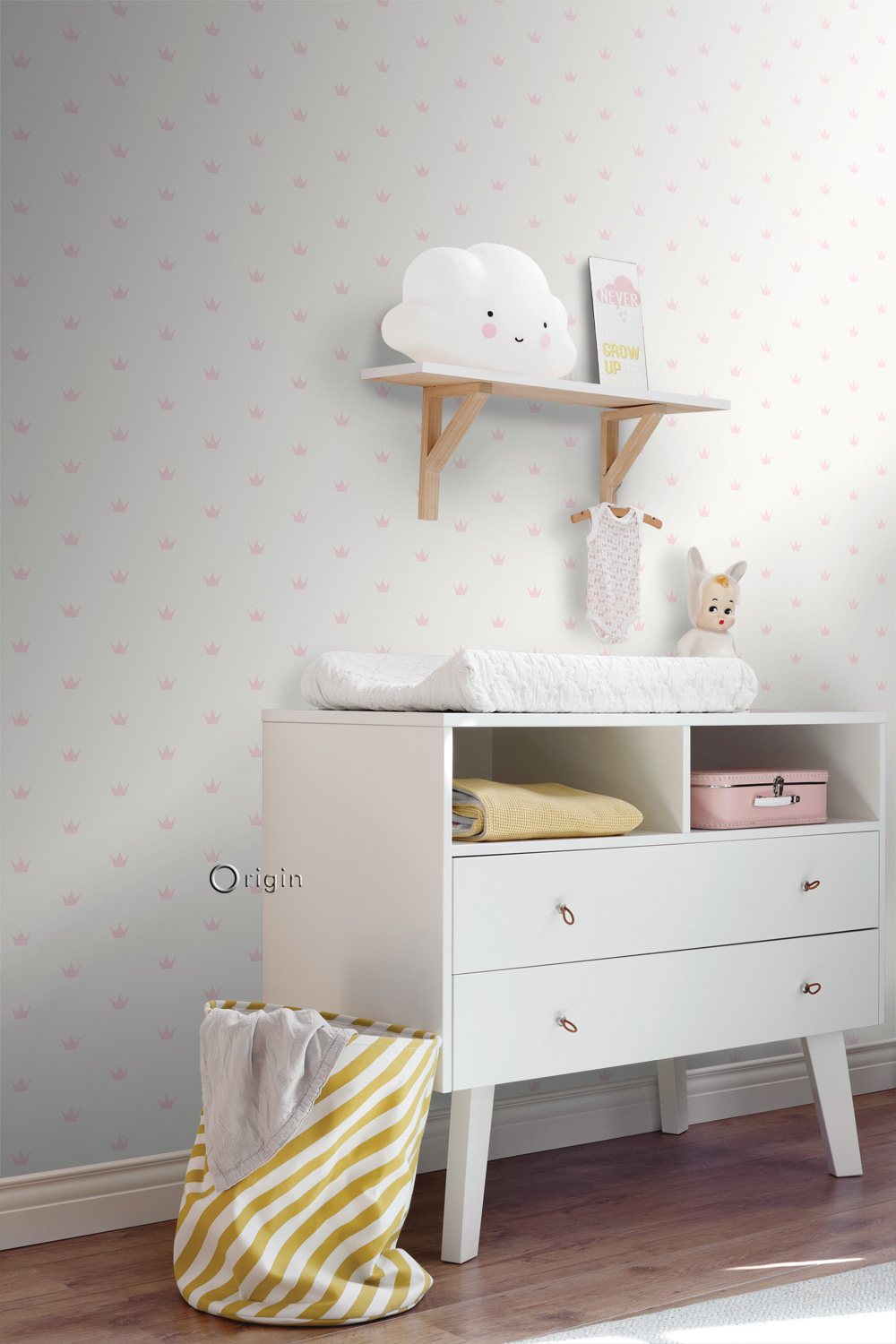 Tapete Krönchen rosa glänzend cremeweiß Vlies 347702