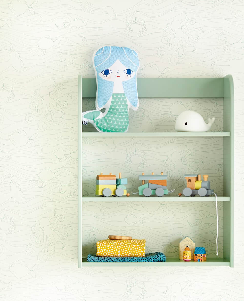 Tapete Weiß Mint Wellen Fische Wale-55-399041