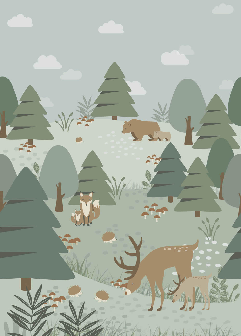 Wandbild 200 x 250 cm Waldtiere Scandi 4 Bahnen grün 159257