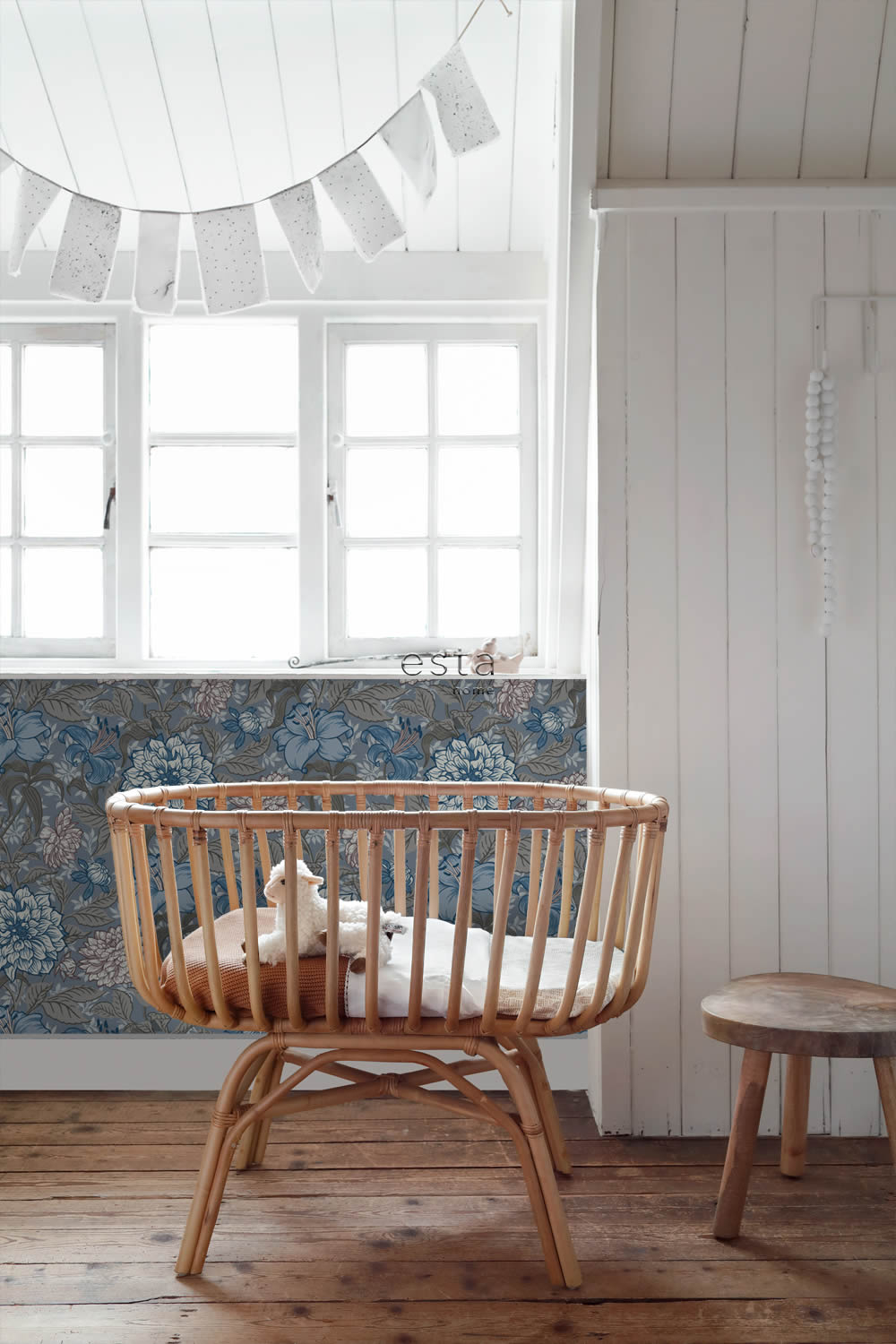 Tapete Vintage große Blumen graublau Vlies 139480
