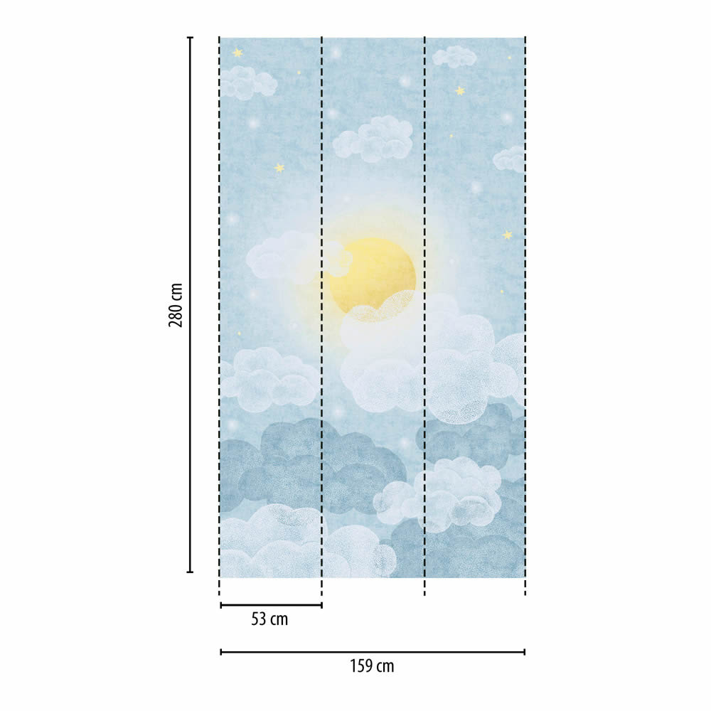 Wandbild Vlies Sonne Mond und Sterne Wolkenhimmel blau 770641-8-770641