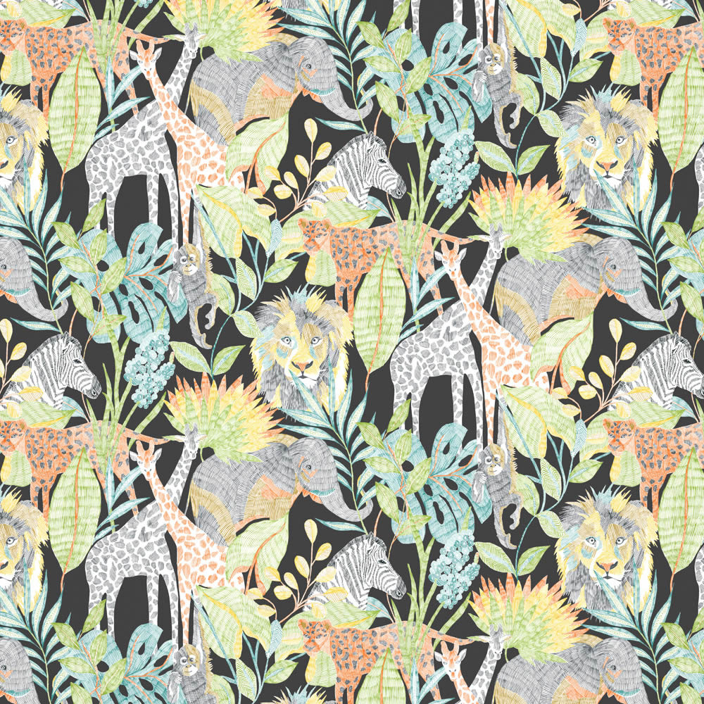 Tapete Jungle Tiere Urwald Giraffe Löwe bunt HLTF112649