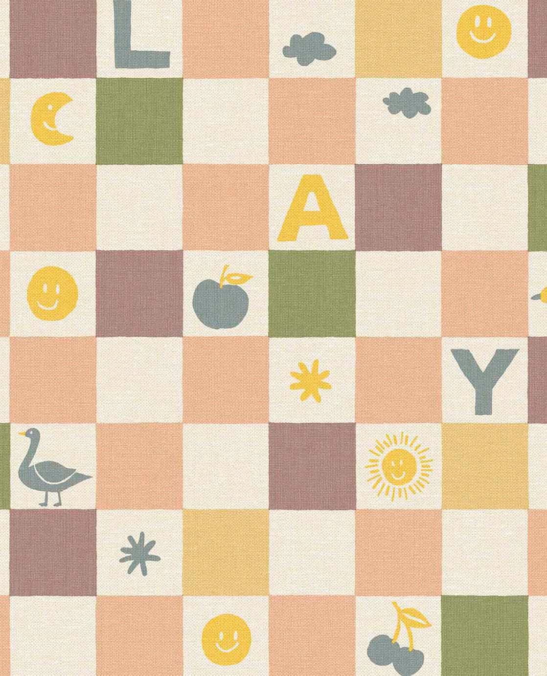 Tapete Vierecke Schachbrett Buchstaben und Tiere fröhlich bunt
