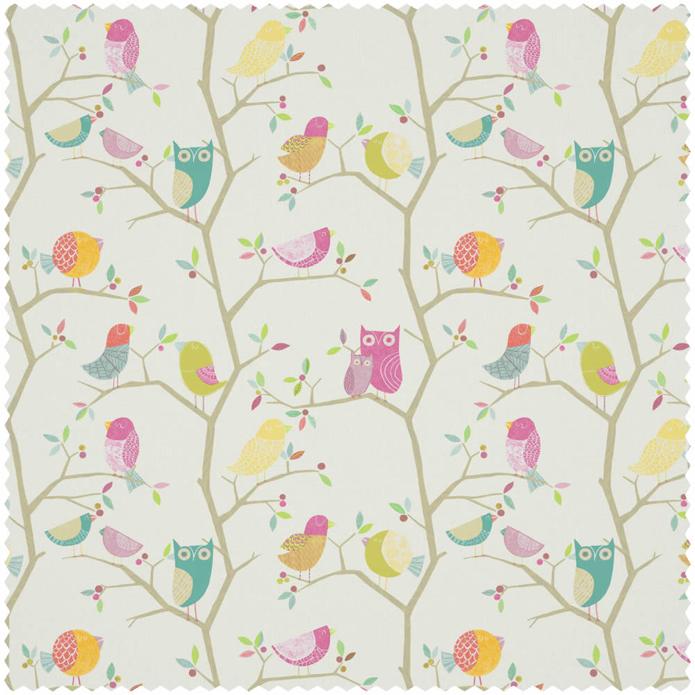 Stoff bunte Vögelchen auf Bäumen beige HLTF120955