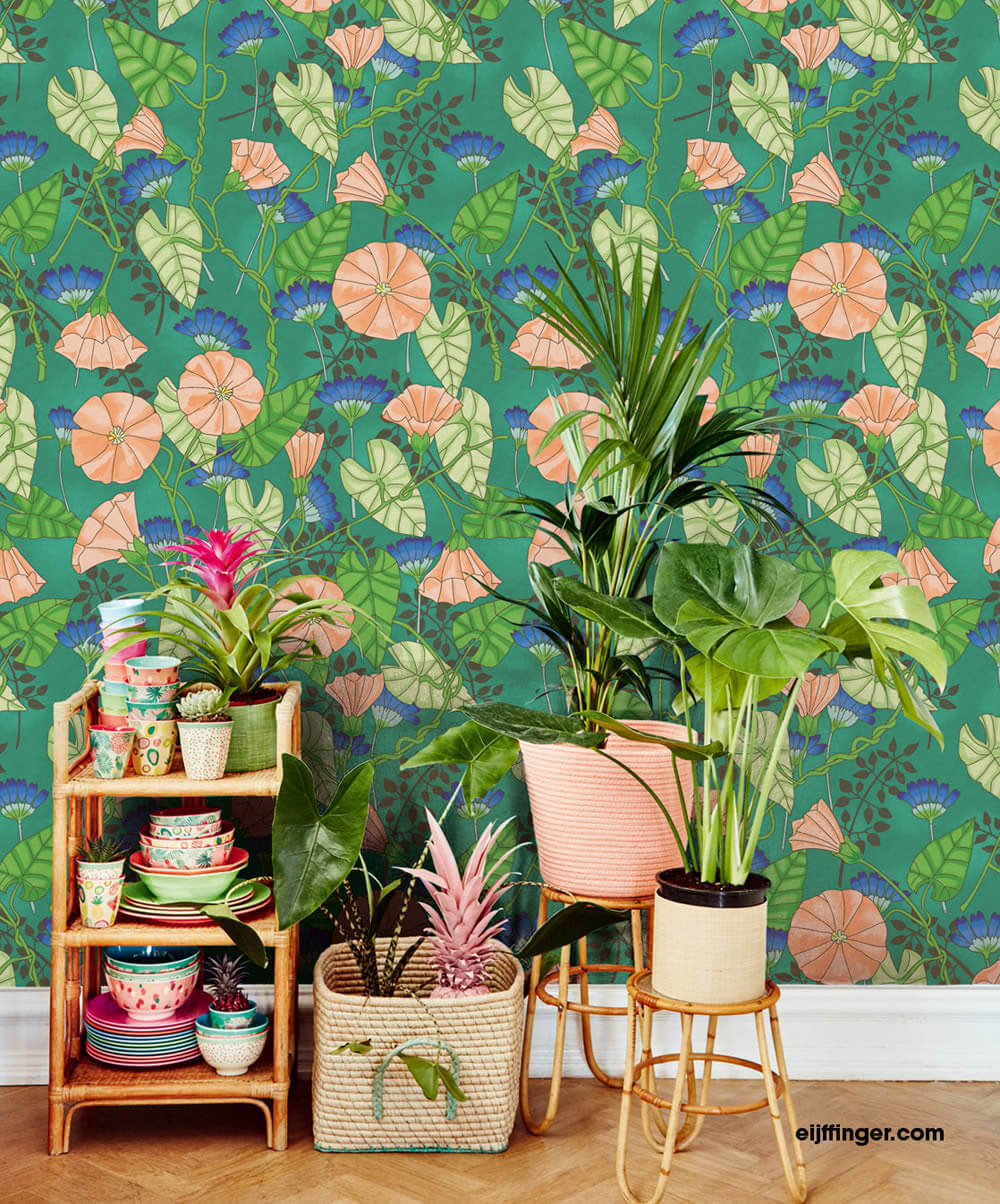Flowers green non-woven mural leaves-55-383605